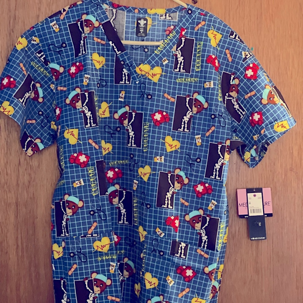 Med Couture 4905 Scrub Top Blue Teddy Bear X-Ray Pediatric Medical Womens M